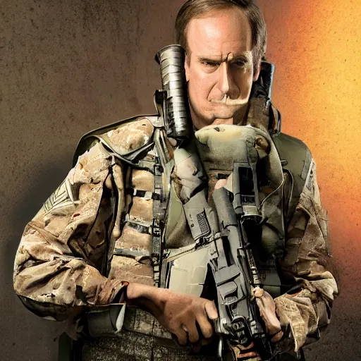 Prompt: Saul Goodman wearing heavy modern military gear and (holding a machine gun), highly detailed, 4k