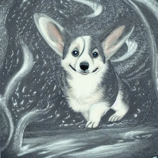 Image similar to a corgi as an eldritch horror, deep in a cave, only the face of the corgi illuminated by a torch, realistic creepy