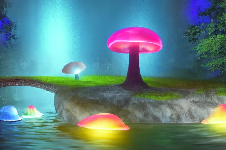 Image similar to giant glowing mushrooms next to a small bridge, flowing water, digital art, glowing crystal monolith in background, blue lighting, acrylic,