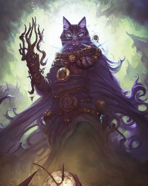 Image similar to Cat Witch, Nurgle, Tzeentch, magic the gathering artwork, D&D, fantasy, cinematic lighting, centered, symmetrical, highly detailed, digital painting, artstation, concept art, smooth, sharp focus, illustration, volumetric lighting, epic Composition, 8k, art by Akihiko Yoshida and Greg Rutkowski and Craig Mullins, oil painting, cgsociety