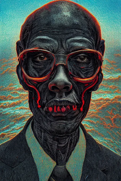 Image similar to 4K Malcom X cyberskull portrait inspired in beksinski and dan mumford work, remixed with Simon Stalenhag work, sitting on the cosmic cloudscape