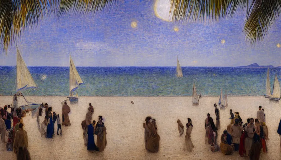 Prompt: a ultradetailed beautiful painting of the night sky of the amazonas golden white palace balustrade designed by jules bastien - lepage, tarsila do amaral, frank weston and gustave baumann, beach, trending on artstation, mediterranean, palm trees, sharp focus, sail boats, soft light, 8 k 4 k