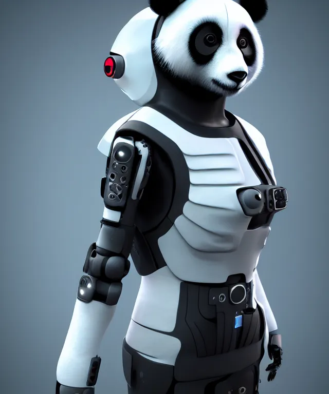 Image similar to futuristic cyberpunk android panda, duo tone, reflective skin, 8k octane very detailed render, stunning realistic render inspired by Ian Spriggs, studio render quality, dim lighting, hyper detailed, hyper realistic, trending on Artstation