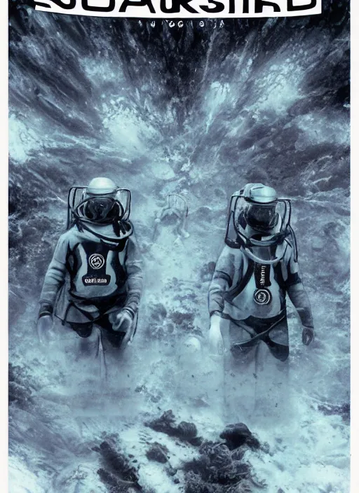 Prompt: divers astronauts in dark and empty void underwater - complex and hyperdetailed technical suit. reflection and dispersion materials. rays and dispersion of light. volumetric light. 5 0 mm, f / 3 2. noise film photo. flash photography. ultra realistic, wide angle. poster by wayne barlowe, hajime sorayama aaron horkey, craig mullins