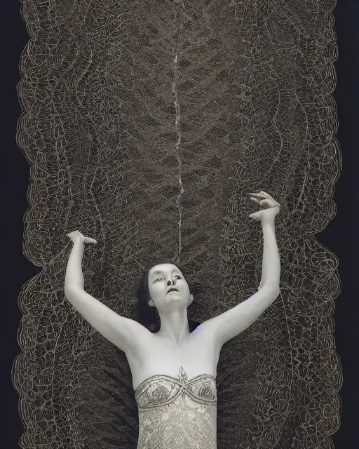 Image similar to a woman levitating above the sea, made of intricate decorative lace leaf skeleton, in the style of the dutch masters and gregory crewdson, dark and moody