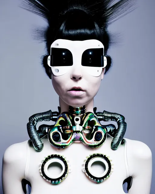 Image similar to symmetrical portrait of a biomechanical cyborg wearing a silicone swarovski studded iridescent beauty mask and neon hair buns, wearing a black bodysuit by alexander mcqueen, cream white background, soft diffused light, biotechnology, humanoid robot, bjork aesthetic, translucent, by rineke dijkstra, intricate details, highly detailed, masterpiece,