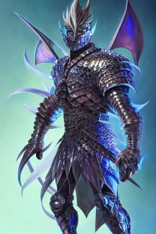 Image similar to Full body character concept art of an anime draconian warrior knight, iridescent scales, cool face, muscular, by Stanley Artgerm Lau, WLOP, Rossdraws, James Jean, Andrei Riabovitchev, Marc Simonetti, and Sakimichan, tranding on artstation