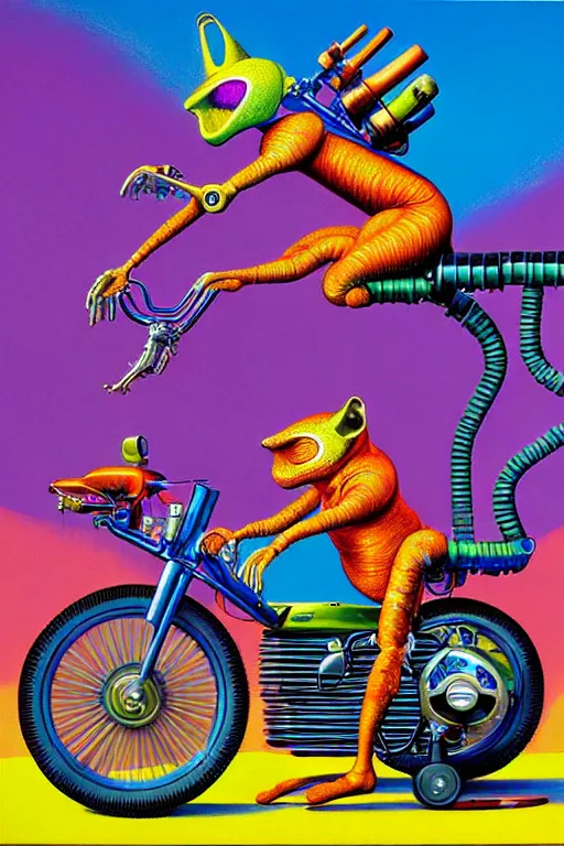 Image similar to a hyperrealistic painting of a mechanical motorcycle creature in a suburban neighborhood on a sunny day, by chris cunningham and richard corben, lisa frank, highly detailed, vivid color,