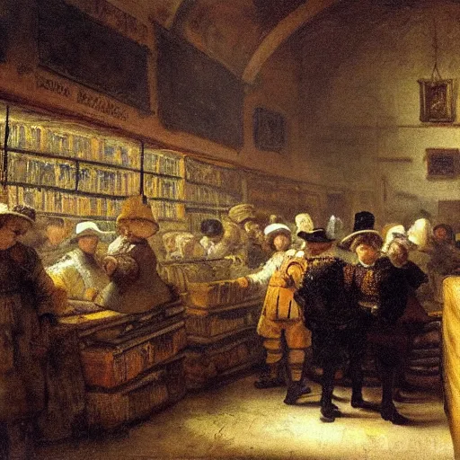 Prompt: cheese market inside a library, painted by rembrandt