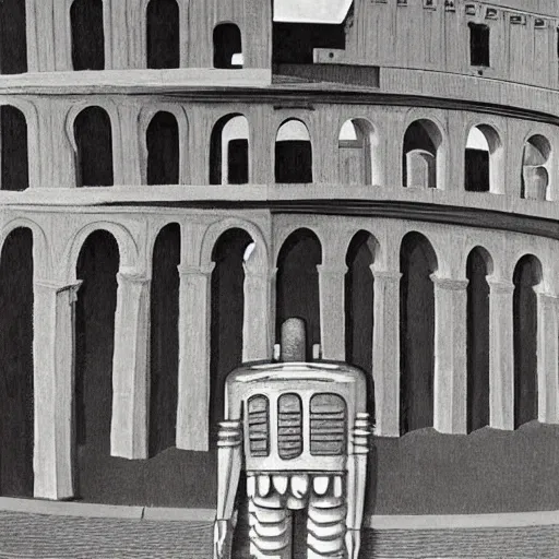 Image similar to weeping robot surrounded by cloaked disciples in masks, brutalist courtyard, colosseum interior, by PJ Crook and Edward Hopper