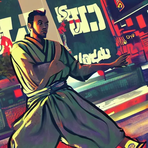 Prompt: a samurai DJing in GTAV, cover art by Stephen Bliss, boxart, loading screen