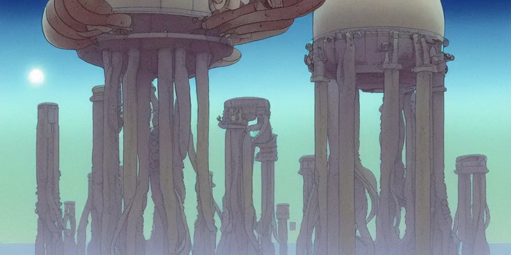 Image similar to a realistic cell - shaded studio ghibli concept art from paprika ( 2 0 0 6 ) of a flying intelligent dull grey mechanical octopus from close encounters of the third kind ( 1 9 7 7 ) in a flooded monument valley stonehenge. very dull colors, wide shot, hd, 4 k, hq