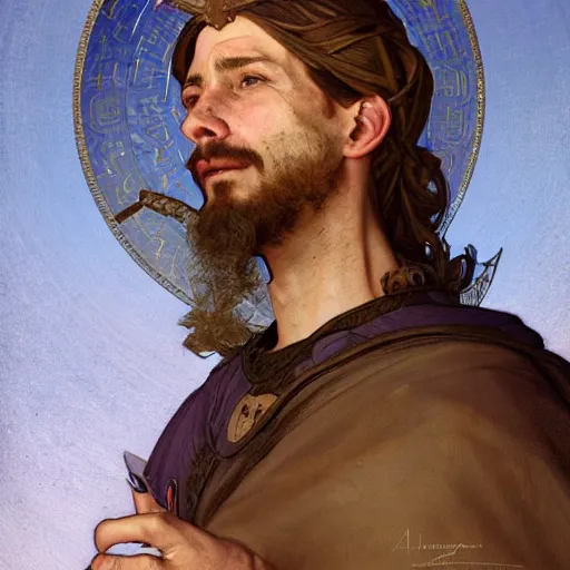 Image similar to portrait of a medieval peasant with a divine halo looking above, in a field, intricate, headshot, highly detailed, digital painting, artstation, concept art, sharp focus, cinematic lighting, illustration, art by artgerm and greg rutkowski, alphonse mucha, cgsociety