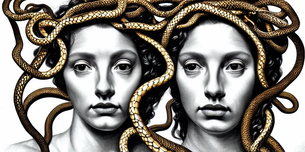 Image similar to realistic portrait of medusa with her snakes, golden, delicate, hyper realism, 1 4 5 0, ink, ultra realistic, 8 k