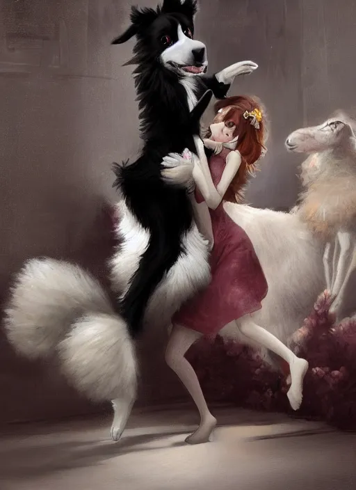 Image similar to wide shot painting of a male anthropomorphic border collie fursona dancing with a cute female anthropomorphic sheep fursona in a ballroom, beautiful, intricate, elegant, realistic proportions, highly detailed, scenic background, trending on artstation, art by charlie bowater and henry asencio and and ross tran