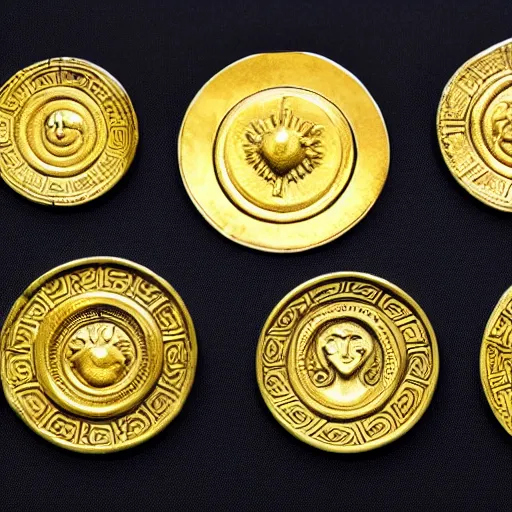 Image similar to a strange veriety collection of oddly shaped intricate ancient golden coins