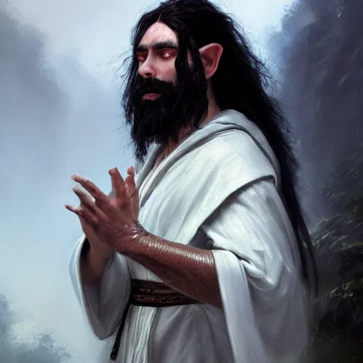 Image similar to a beautiful portrait of an epic fantasy shaman elf man with long black hair a black beard and white robes holding his hands up in praise to his god, oil painting, Greg Rutkowski, Charlie Bowater, white robes, unreal 5, DAZ, hyperrealistic, octane render, RPG portrait, dynamic lighting, fantasy art, beautiful face