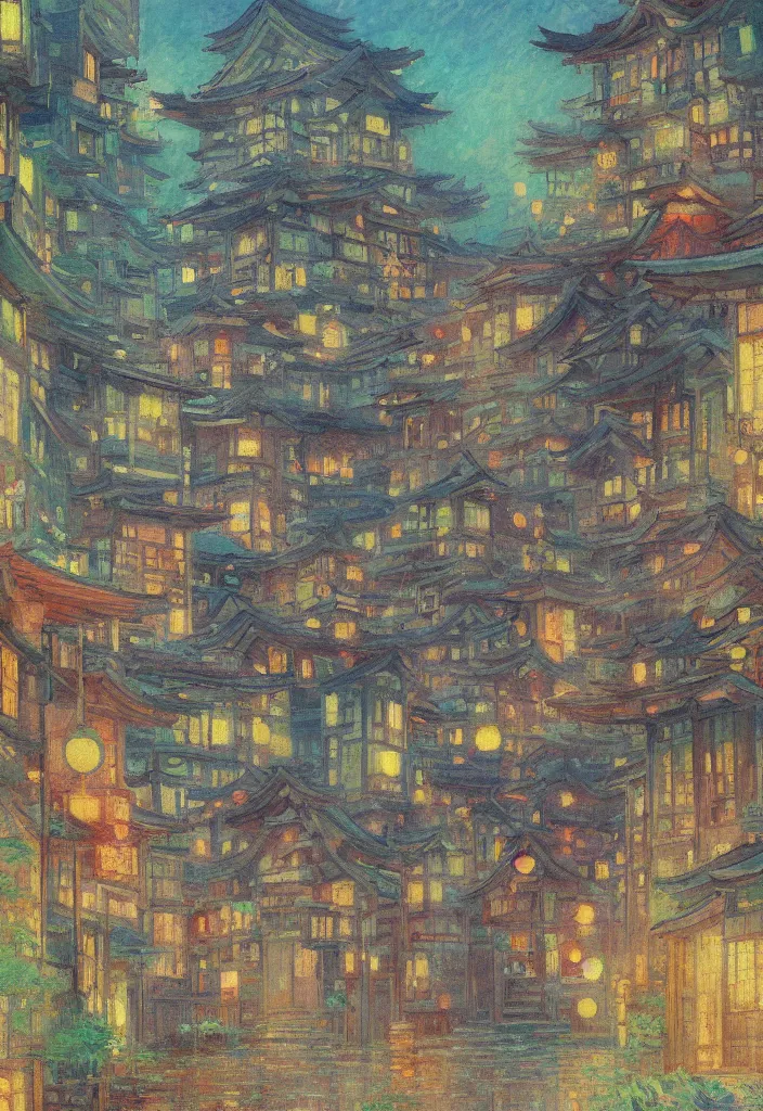 Image similar to a beautiful japanese city near the sea, ryokans and edo era houses, cyberpunk, lofi vibe, colorful, oil painting in impressionist style, by monet, by makoto shinkai, multiple brush strokes, inspired by ghibli, masterpiece