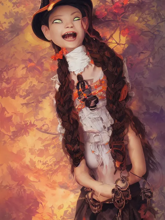 Image similar to Full shot of a cute mischievous young witch about to get up to some trouble with her playful snake familiar. Latin American fashion. Floral patterns. Black and Orange palette. Magic. Latina girl. brown skin. defined facial features, symmetrical facial features. Smiling. By Ruan Jia and Artgerm and Range Murata and WLOP and Ross Tran and William-Adolphe Bouguereau. Key Art. Fantasy Illustration. award winning, Artstation, intricate details, realistic, Hyperdetailed, 8k resolution.