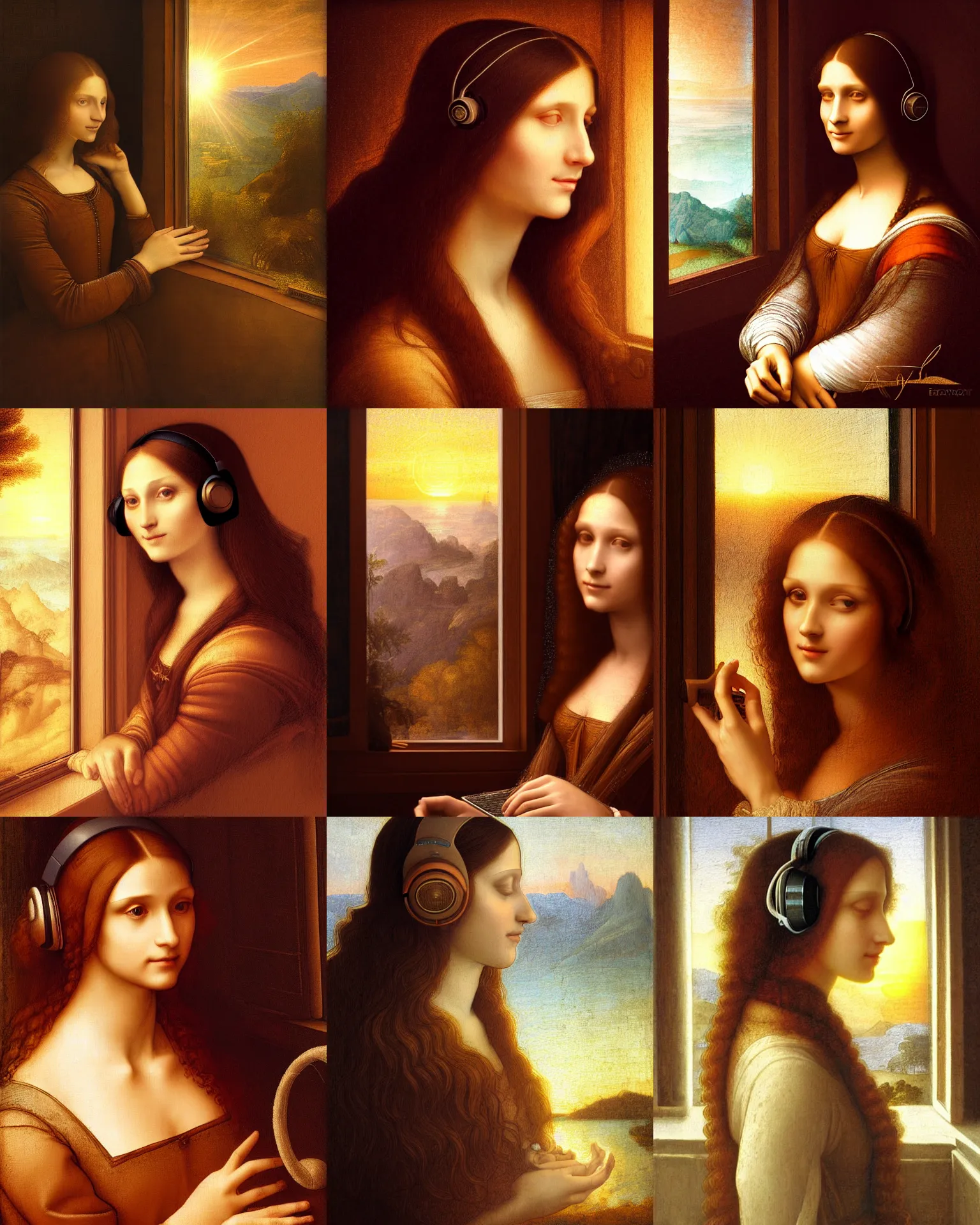 Prompt: Portrait of a long brown haired elegant woman with headphones in a warm glowing scenery by leonardo da vinci, sunset, next to window, natural light beam, fantasy, intricate sparkling atmosphere, artstation, fine art, artgerm