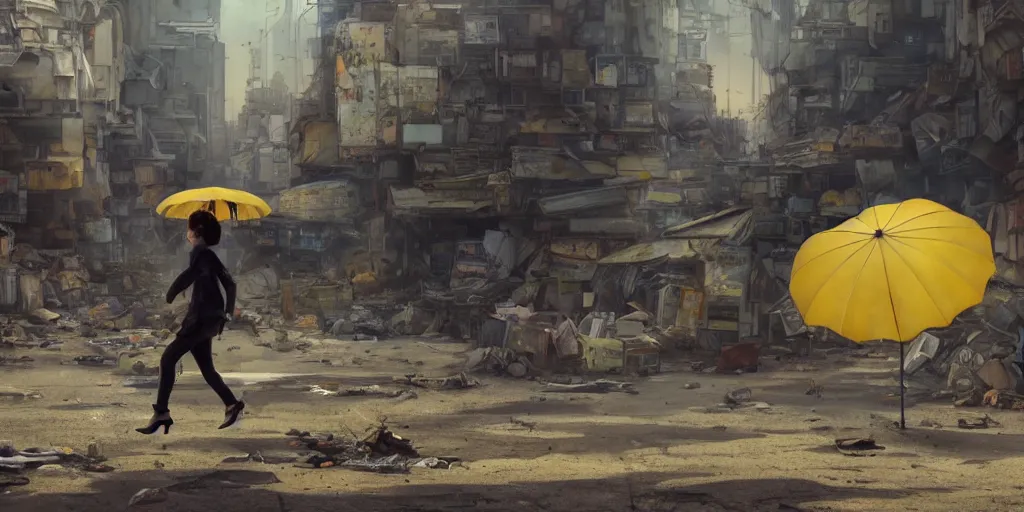 Image similar to incredible wide screenshot, ultrawide, simple watercolor, rough paper texture, ghost in the shell movie scene, backlit distant shot of girl in a parka running from a giant robot invasion side view, yellow parasol in deserted dusty junk town, broken vending machines