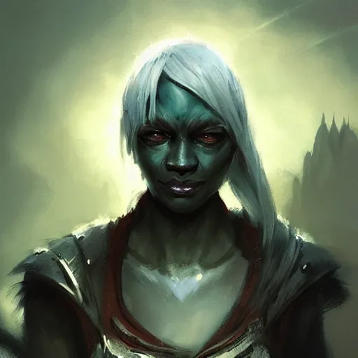 Image similar to closeup portrait of a drow warrior, dungeons and dragons character, dramatic lighting, castle background, gorgeous view, realistic, high detail, digital art, painted by greg rutkowski, painted by jeremy mann, trending on artstation