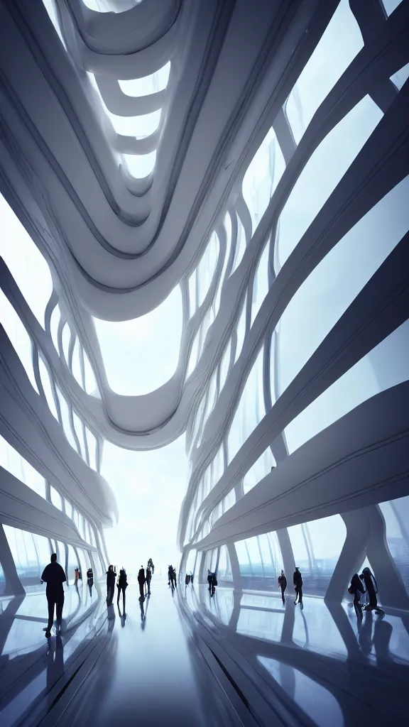 Image similar to the inside of a very tall building, big pods, big windows, octane render, warm colour scheme, white, cyberpunk architecture by zaha hadid, cinematic, scenery, unreal engine, render, cgsociety, modernism, futuristic, artstation, sci - fi, high detail, high quality, close up angle, people walking