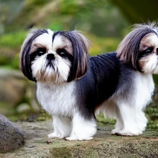 Prompt: A Herd of Shih Tzu in Jurrasic Park, Dinosaurs, Multiple Animals, Fangs