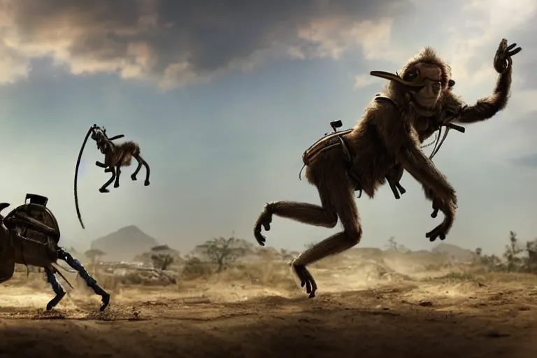Prompt: a robot monkey riding a donkey in a post apocalyptic world being chased by giant ants