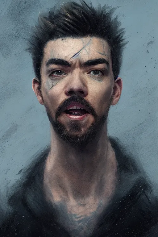 Prompt: a portrait of jacksepticeye in the cloke brand hoddy by Greg Rutkowski, Sung Choi, Mitchell Mohrhauser, Maciej Kuciara, Johnson Ting, Maxim Verehin, Peter Konig, final fantasy , 8k photorealistic, cinematic lighting, HD, high details, atmospheric , trending on artstation