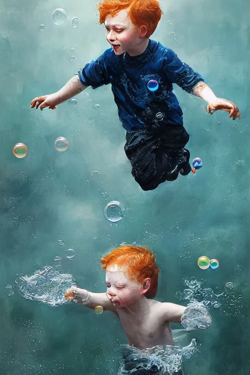 Image similar to a little boy with ginger hair chasing bubbles. clean elegant painting, beautiful detailed face, lots of bubbles. by greg rutkowski and raymond swanland