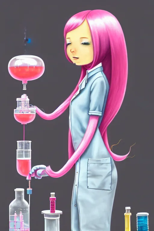 Image similar to highly detailed, industrial photography, profile view of adult princess bubblegum from adventure time, working in her science lab, wearing lab coat, long bubblegum hair, long straight bangs, confident, beautiful, attractive, illustration concept art by nicoletta ceccoli, mark ryden, lostfish, detailed and intricate environment, 8 k resolution, hyperrealistic, octane render