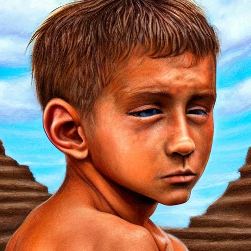 Image similar to a detailed portrait of a tan boy with a small face tattoo in the desert, fantasy art illustration, incredibly highly detailed and realistic, 8 k, sharp focus