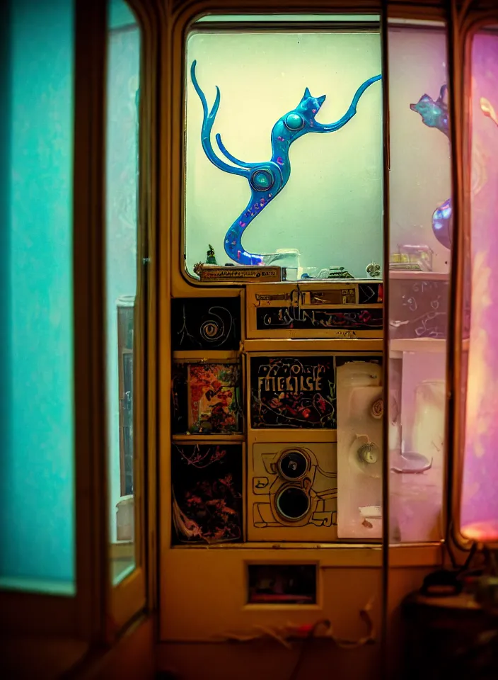 Image similar to telephoto 7 0 mm f / 2. 8 iso 2 0 0 photograph depicting the feeling of chrysalism in a cosy safe cluttered french sci - fi ( ( art nouveau ) ) cyberpunk apartment in a pastel dreamstate art cinema style. ( cat ) ( ( fish tank ) ), ambient light.