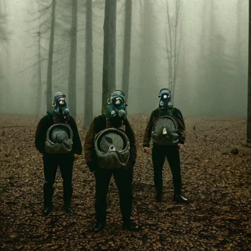 Image similar to high realistic photo portrait group of men with gas masks in a foggy forest, cinestill 800t 35mm, heavy grain, high quality