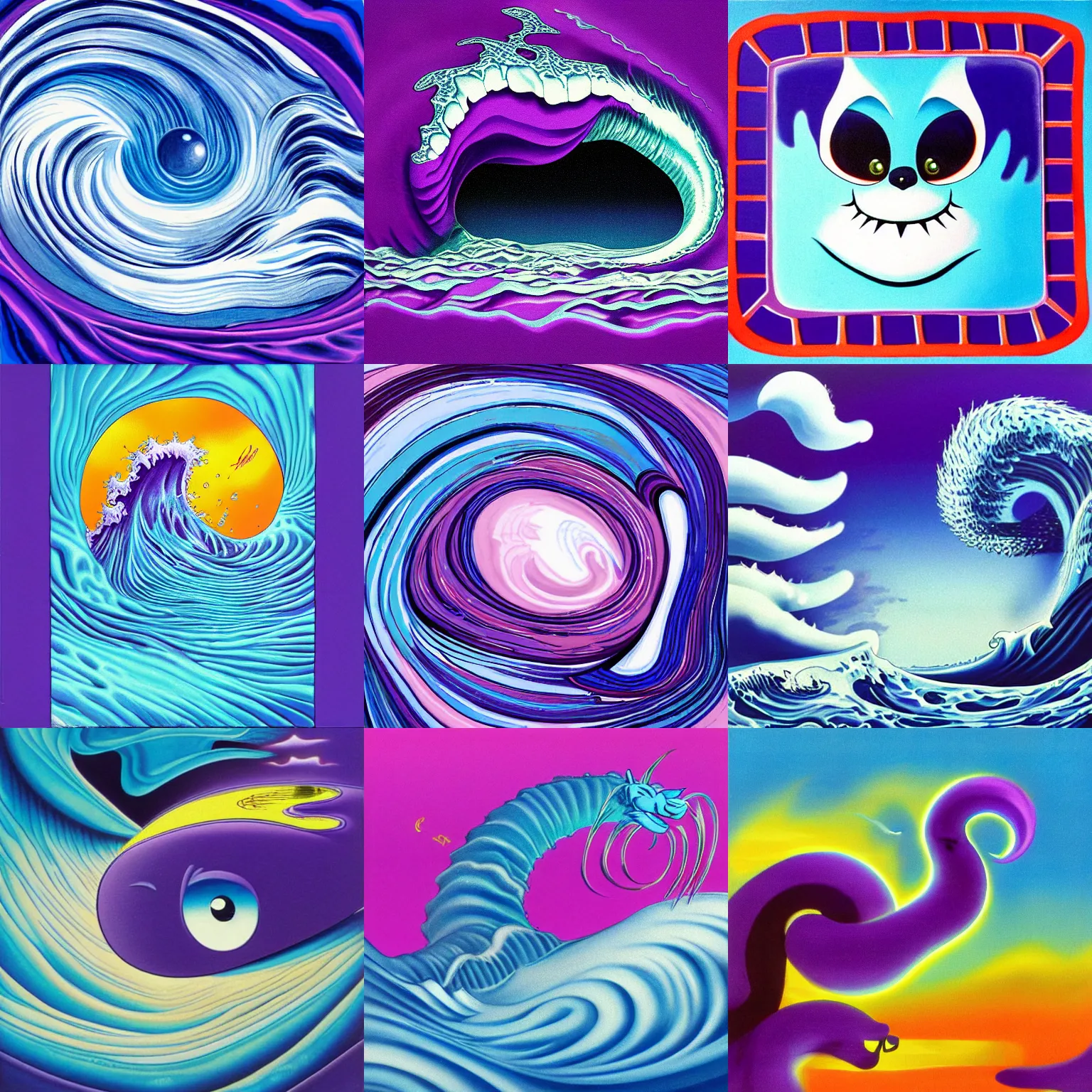 Prompt: surreal, sharp, detailed professional, high quality airbrush art of a blue cresting ocean wave in the shape of felix the cat, purple checkerboard, 1990s 1992 album cover