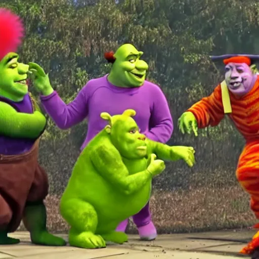 Prompt: Shrek vs a bunch of clowns in a nursing home real home video 720p archival footage dvd rip