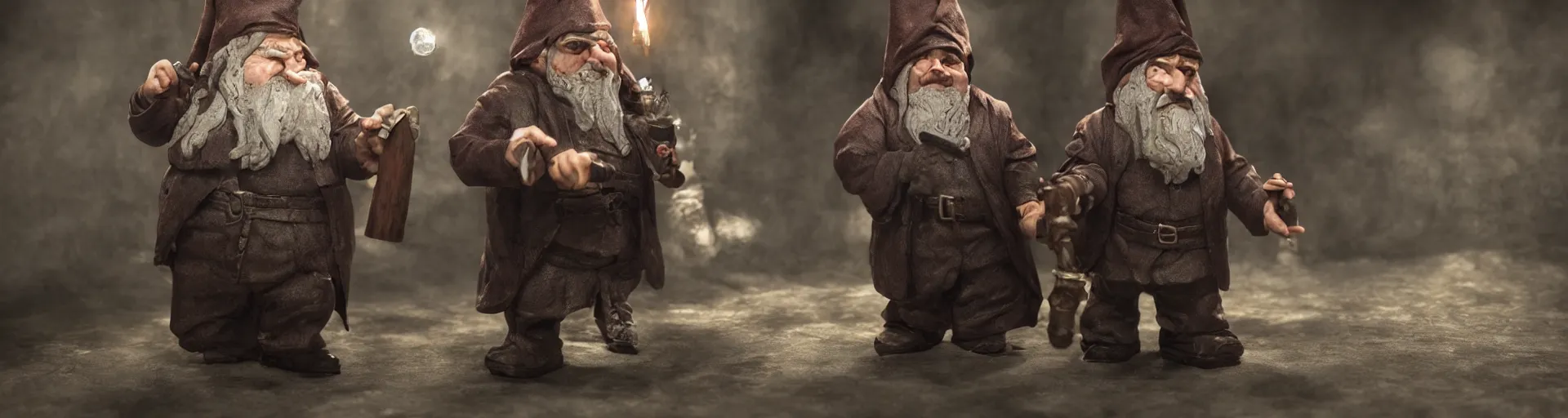 Image similar to Gnome Alchemist dressed like a mobster, Peter Jackson Lord of the Rings, Volumetric Lighting, Photograph, Practical Effects, Cinematic
