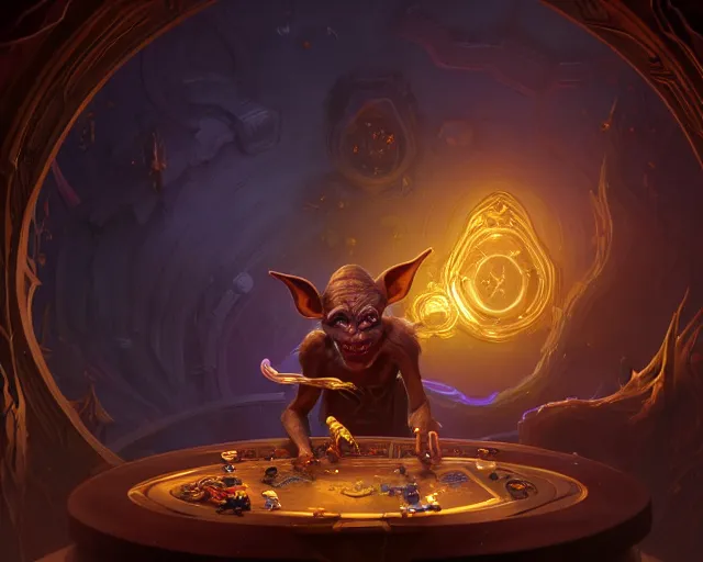 Image similar to a 4 k cinematic screenshot still portrait of a goblin in a dark liminal space room surrounded by gold, deep focus, d & d, fantasy, intricate, elegant, highly detailed, digital painting, art station, concept art, matte, sharp focus, illustration, dark fantasy style art, hearthstone, art by artgerm and greg rutkowski and alphonse mucha