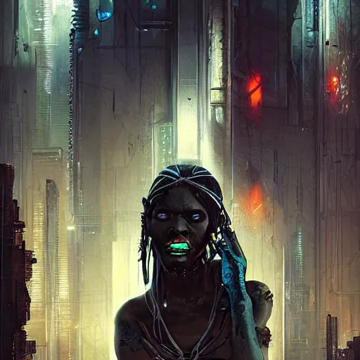 Prompt: cyberpunk voodoo by greg rutkowski and android jones, oil on canvaS, afrofuturism, death tarot