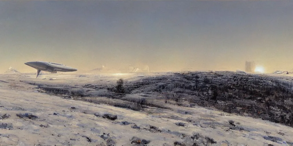 Prompt: close view of white giant spaceship starship airship in center on tansy field at foot on snowy mountain by Fernand Khnopff by john berkey, oil painting