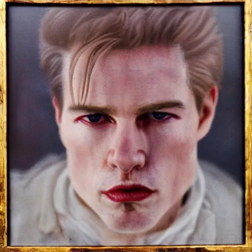 Image similar to realistic expired kodak film portrait of albino tom cruise, hyperrealism, photorealistic, detailed, atmospheric, 8 k, award winning photography, cinematic