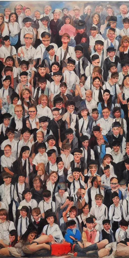 Image similar to oil painting scene photographer takes group school photo by kim jung gi