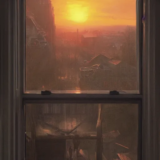 Image similar to view from window, sunset, high detail, dramatic light, digital art, painted by seb mckinnon, trending on artstation