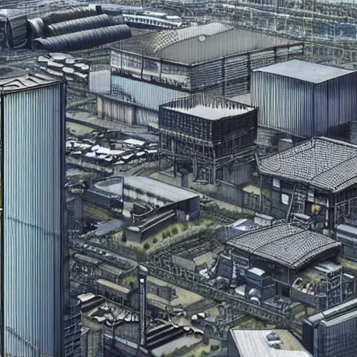 Prompt: “walled Japanese industrial complex with a single skyscraper in the center. Focus on base of skyscraper. Trending on r/evilbuildings and Artstation”