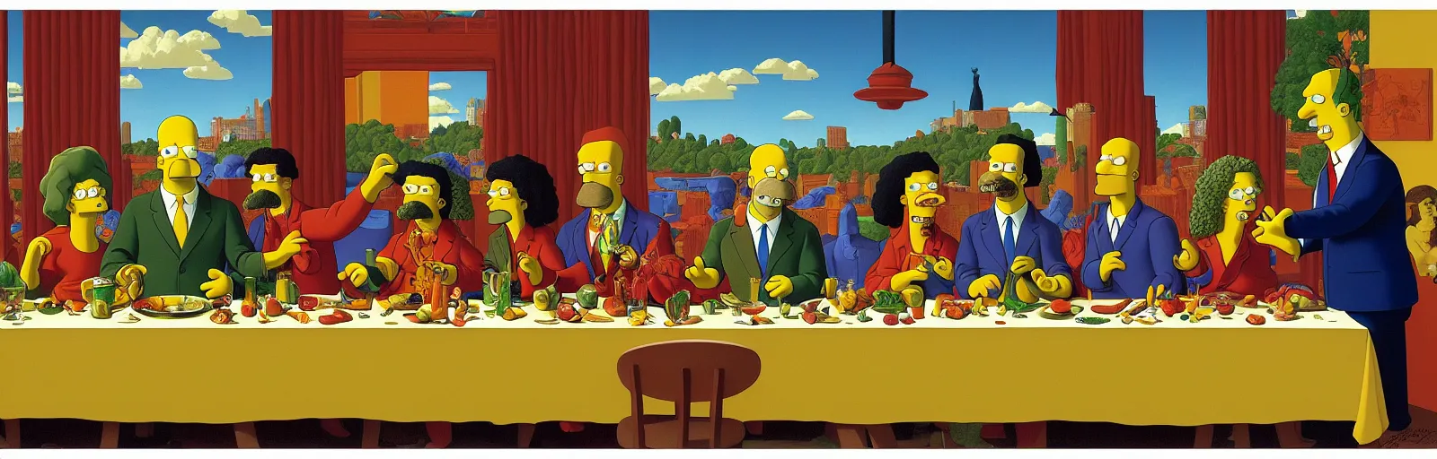Prompt: vibrant! colorful!!! the simpsons last supper by rene magritte, futurama by laurie greasley and bouguereau, ( ( etching by gustave dore ) ), ultraclear intricate, sharp focus, highly detailed digital painting illustration, concept art, masterpiece