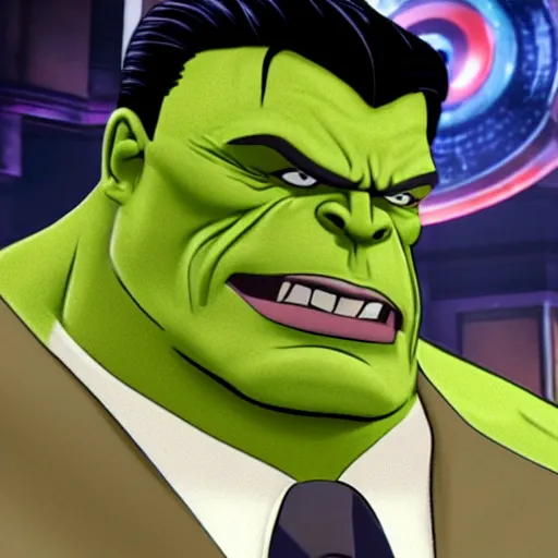 Image similar to a promotional screenshot of Joe Fixit Grey Hulk wearing a pinstripe suit and fedora appearing in Avengers: Infinity War