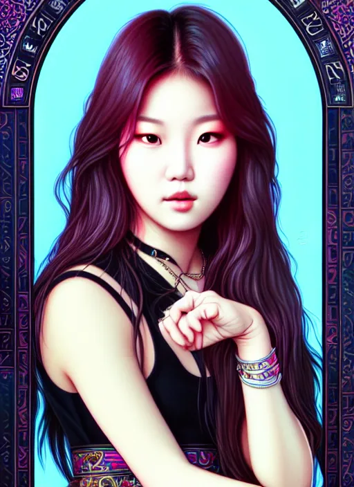 Image similar to roseanne park of blackpink, tarot card, highly detailed, digital painting, smooth, sharp focus, illustration, ultra realistic, 8 k, art by artgerm and alphonse mucha