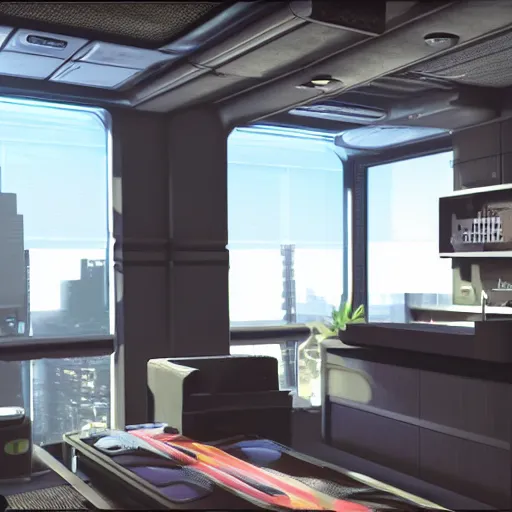 Image similar to system shock 2 inspired bachelor pad with city view