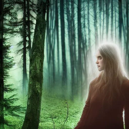 Image similar to woman in forest, double exposure photography, photorealistic, twilight, fog, haunted